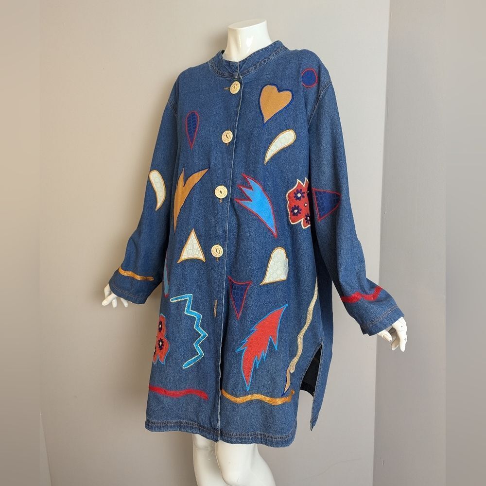 Funky Vintage 80s/90s Denim Jacket – Bold Appliqué Art – Size 1X – Oversized